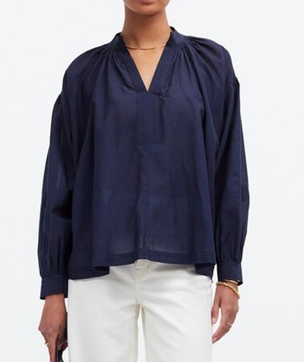 Madewell Shirred Long-Sleeve V-Neck Blouse Top Ink Blue XL